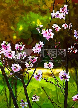 油畫桃花開了