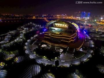 金华婺剧院 夜景全景航拍