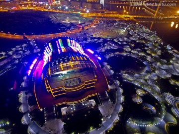 金华婺剧院 夜景航拍 蓝紫色