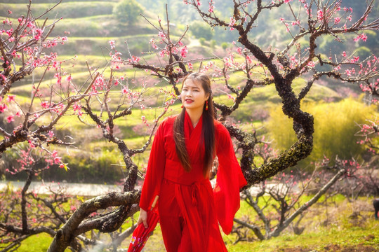 桃花树前穿红色长袍的美丽少女