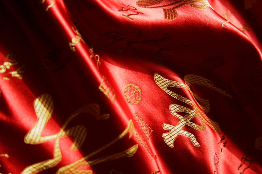 红色中国丝织物细节