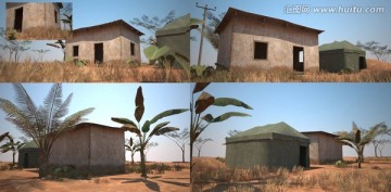 小平房建筑芭蕉樹小樹3D模型