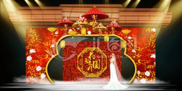 大紅中式婚禮舞臺(tái)效果圖