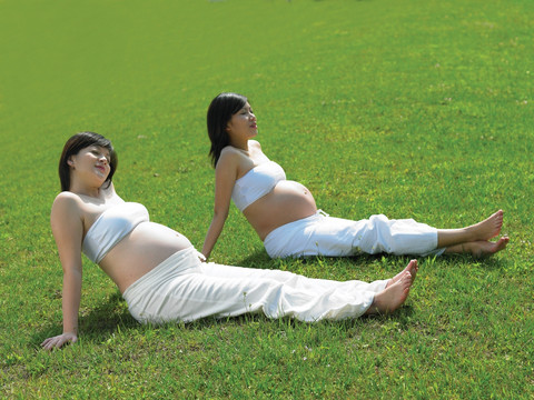 坐在草坪上的两名孕妇