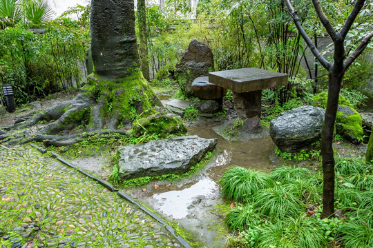 雨后园林石桌