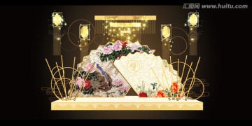 中式復(fù)古金國(guó)畫扇形金色宮燈舞臺(tái)