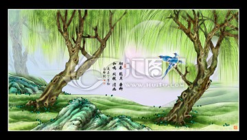 圓月雙雀春柳圖