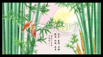 圓月雙雀翠竹圖