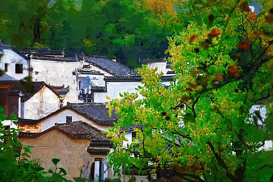 油画皖南风景