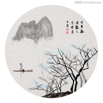 水墨画 渔歌 山脉