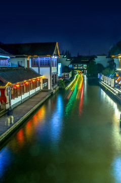 江南水乡古镇南京秦淮河水巷夜景