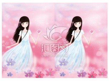 卡通手繪唯美花卉女孩