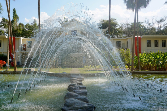 版纳植物园办公楼外景 池塘喷泉