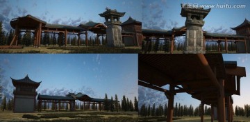 古代長廊石碑小樓建筑3D模型