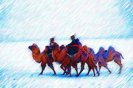 电脑画 雪原骑骆驼