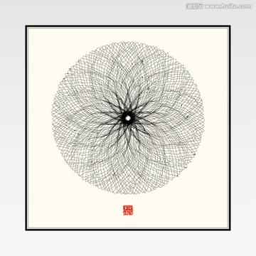 中式禪意線條描繪裝飾畫清凈蓮華