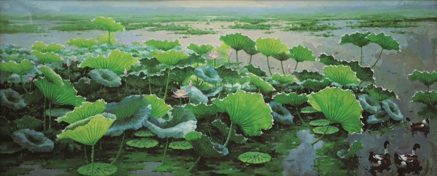 荷花風(fēng)景油畫