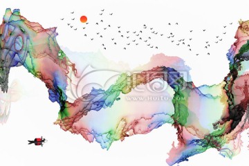 彩色水墨抽象意境山水
