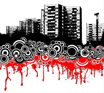 黑色的城市景观和红色液体设计
