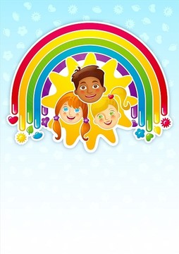 三个快乐的孩子在彩虹和阳光下