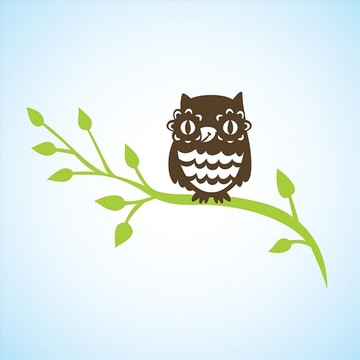 卡通貓頭鷹坐在綠枝上