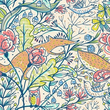 花和狐貍矢量圖