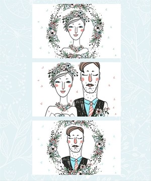 新娘結婚新郎手繪卡片矢量集