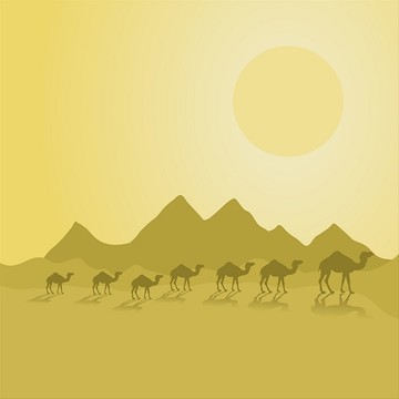骆驼商队走在沙漠上矢量插画