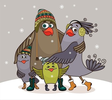 小鸟幸福家庭冬日拥抱矢量插画