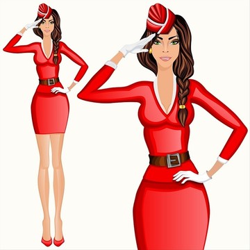 年輕漂亮的長腿空姐紅色制服插畫
