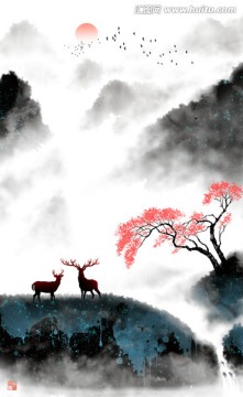 新中式水墨山水畫 鹿 裝飾畫