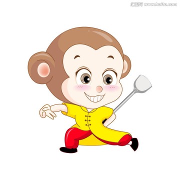卡通猴子廚師拿著鍋鏟練功夫
