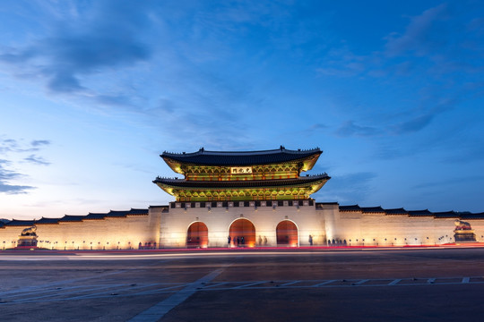 韩国首尔 光化门 日落夜景