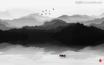 水墨山水 水墨群山背景裝飾畫