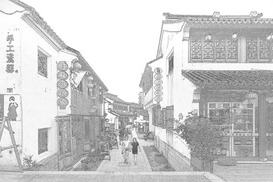 江南水鄉(xiāng)蘇州古鎮(zhèn)線描 合層