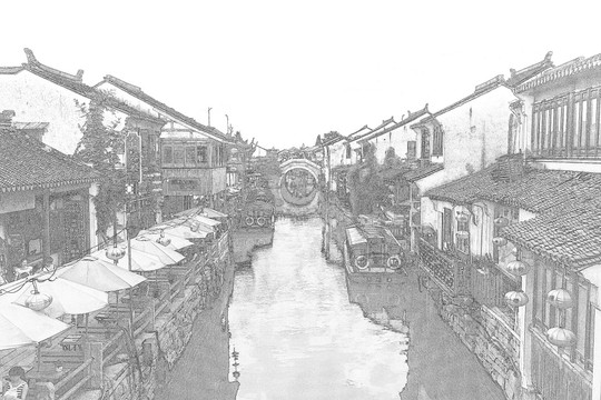 江南水鄉(xiāng)蘇州古鎮(zhèn)線描 合層
