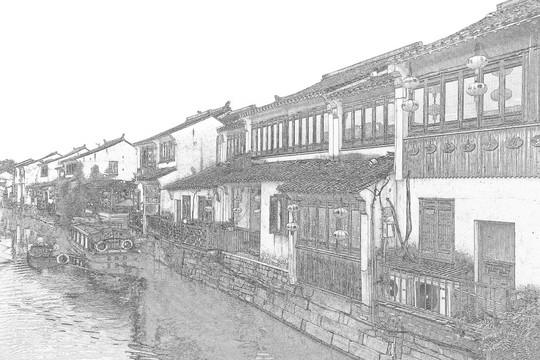 江南水鄉(xiāng)蘇州古鎮(zhèn)線描 合層