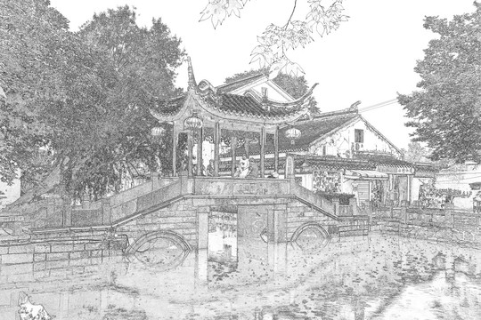 江南水鄉(xiāng)蘇州古鎮(zhèn)線描 合層
