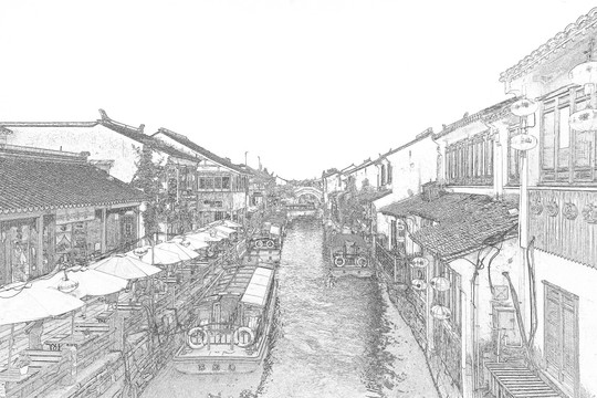 江南水鄉(xiāng)蘇州古鎮(zhèn)線描 合層