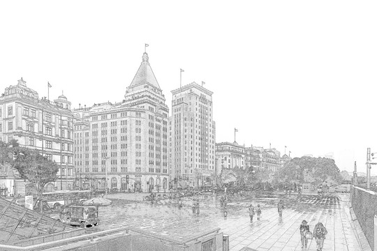 上海外灘老建筑線描合層