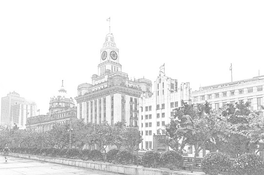 上海外灘老建筑線描合層