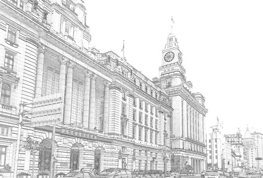上海外灘老建筑線描合層