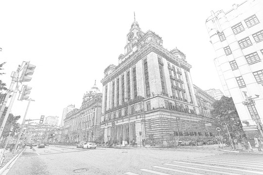上海外灘老建筑線描合層