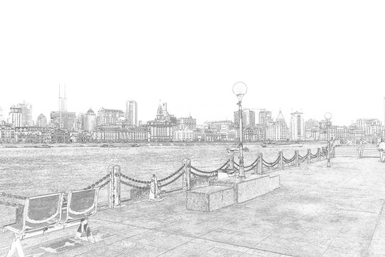 上海外灘老建筑線描合層