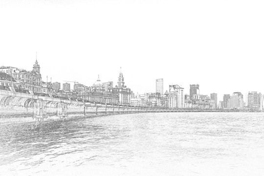 上海外灘老建筑線描合層