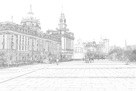 上海外灘老建筑線描合層