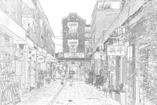 上海新天地石庫門老建筑線描合層