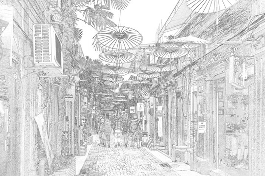 上海新天地石庫門老建筑線描合層
