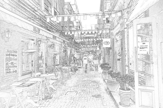 上海新天地石庫門老建筑線描合層