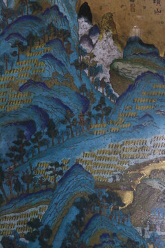 清代铜珐琅挂屏图案山村